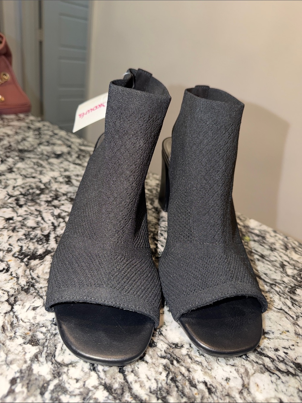 Black Knit Peep-Toe Sock Heels